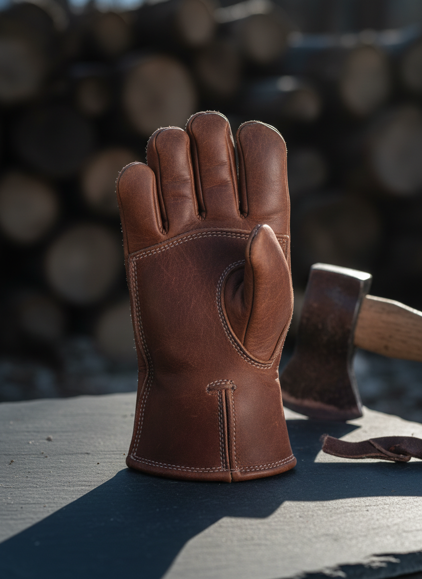 Close-up, photographic realism of a single rugged leather mitten standing upright on a dark slate surface, fingers slightly curved as if ready for work. The mitten is deep cognac leather with visible grain, double-stitched seams, and an extra-thick reinforced palm panel showing subtle scuff marks from use. A faint dusting of frost clings around the cuff. Behind it, blurred silhouettes of stacked firewood and a metal axe head suggest a cold outdoor worksite. Side lighting from a low winter sun rakes across the leather, emphasizing texture, stitching, and construction, while casting a clean, confident shadow. The composition is centered and tight, with a professional, product-focused mood ideal for showcasing craftsmanship.