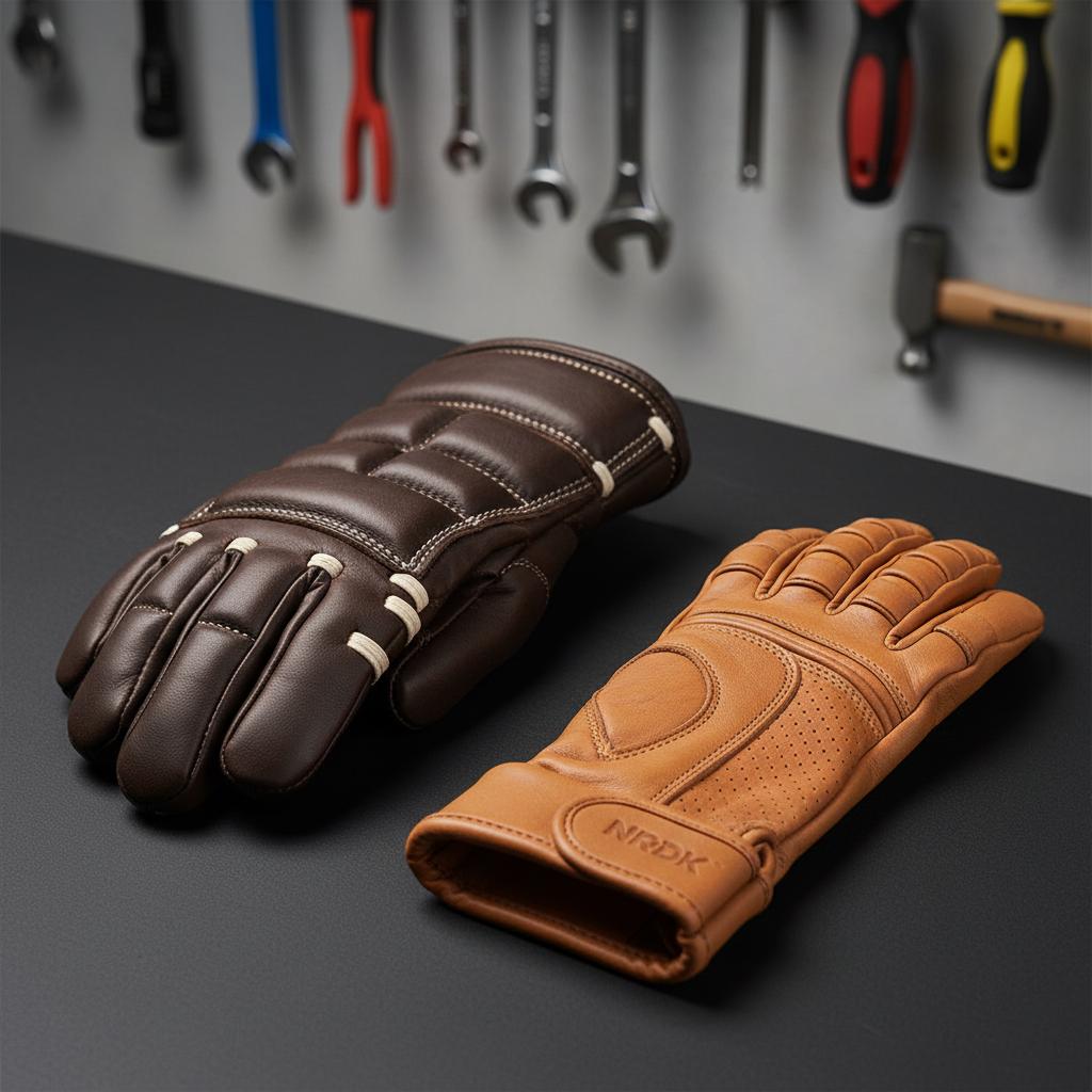 Photographic close-up of two different NRDK leather hand protectors displayed on a clean, matte black tabletop: a heavy-duty work mitten and a streamlined trail glove. The work mitten, in dark saddle brown, shows thick padding, visible bar-tack reinforcements, and robust stitching along the thumb. The trail glove, in a slightly lighter tone, features articulated fingers, breathable side panels, and a minimalist wrist closure. Both are arranged diagonally across the frame, with a blurred background suggesting a workshop bench and hanging tools without any people visible. Neutral studio lighting from above and slightly to the left casts crisp but controlled shadows, emphasizing construction details and texture. The mood is technical, professional, and gear-focused, perfect for a product comparison or category overview.